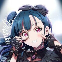 Rule 34 | 1girl, artist request, black gloves, blue hair, blush, character name, commentary request, dot nose, fingerless gloves, gloves, hair bun, hair ornament, hands up, long hair, looking at viewer, love live!, love live! sunshine!!, lowres, official art, purple eyes, smile, solo, teeth, tsushima yoshiko, v