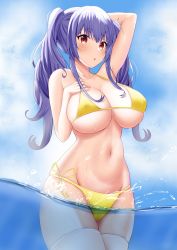 Rule 34 | 1girl, absurdres, arm behind head, azur lane, bikini, breasts, cameltoe, covered erect nipples, hand on own chest, highres, huge breasts, official alternate costume, panties, partially submerged, partially underwater shot, pola (azur lane), pola (seaside coincidence) (azur lane), purple hair, red eyes, side-tie panties, skindentation, solo, swimsuit, thighhighs, twintails, underwater, underwear, wading, white thighhighs, yellow bikini, zim-o (2cy520)