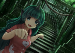 Rule 34 | 1girl, breasts, commentary request, dutch angle, fang, forest, green eyes, green hair, highres, kariyushi shirt, komano aunn, light particles, long hair, looking at viewer, luke (kyeftss), nature, open mouth, outdoors, paw pose, rope, shimenawa, small breasts, solo, stairs, stone lantern, stone stairs, torii, touhou, upper body, very long hair, wing collar