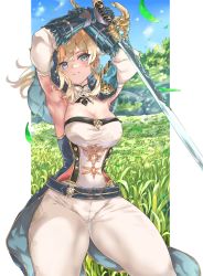 Rule 34 | 1girl, absurdres, armpits, arms up, blue eyes, blue sky, blush, breasts, capelet, cleavage, cowboy shot, day, detached collar, detached sleeves, genshin impact, gloves, grass, highres, holding, holding sword, holding weapon, jean (genshin impact), long sleeves, medium breasts, ponytail, sky, smile, sword, tailcoat, thick thighs, thighs, vambraces, weapon, white legwear, yoru honpo