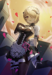 Rule 34 | 1girl, apron, black gloves, breasts, brown hair, cleavage, cloud, cloudy sky, diaoyidimaomao, gloves, grin, hair over one eye, highres, honkai (series), honkai impact 3rd, leggings, looking at viewer, maid, maid apron, maid headdress, mole, mole under eye, open mouth, outdoors, petals, purple eyes, rita rossweisse, rita rossweisse (umbral rose), short hair, short sleeves, sky, smile, solo, sunset, teeth