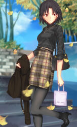 Rule 34 | 1girl, absurdres, alternate costume, autumn leaves, bag, black bag, black footwear, black hair, black pantyhose, black sweater, blue sky, blurry, blurry background, brown eyes, brown jacket, brown skirt, closed mouth, cloud, commentary request, day, earrings, floating hair, handbag, highres, iro (sekaixiro), jacket, jewelry, kara no kyoukai, necklace, outdoors, pantyhose, parted bangs, plaid, plaid skirt, ribbed sweater, ryougi shiki, short hair, skirt, sky, sleeves rolled up, solo, stairs, sweater, tree, turtleneck, turtleneck sweater, unworn jacket