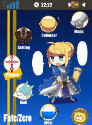 Rule 34 | 1girl, ahoge, armor, armored dress, artoria pendragon (all), artoria pendragon (fate), ashita (2010), asita (2010), avalon (fate/stay night), bad id, bad pixiv id, bird, blonde hair, blush stickers, bowl, chibi, command spell, cover, cup, dress, excalibur (fate/stay night), fake cover, fate/stay night, fate/zero, fate (series), flat color, formal, gauntlets, greaves, green eyes, hair ribbon, letter, lion, pant suit, pants, ribbon, rice bowl, saber (fate), solo, sparkle, suit, sword, weapon