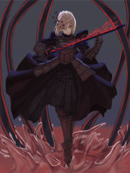 Rule 34 | armor, artoria pendragon (all), artoria pendragon (fate), black armor, blonde hair, braid, breastplate, closed mouth, dress, fate/stay night, fate (series), gauntlets, glowing, glowing sword, glowing weapon, greaves, hair between eyes, heaven&#039;s feel, highres, holding, holding sword, holding weapon, puffy sleeves, saber alter, short hair, sword, tesin (7aehyun), water, weapon, yellow eyes