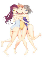 Rule 34 | 3girls, absurdres, ahoge, alternate costume, blue eyes, blue one-piece swimsuit, casual one-piece swimsuit, commentary request, commission, competition swimsuit, closed eyes, facing viewer, grey hair, hair ornament, hairclip, half updo, highres, hug, long hair, love live!, love live! sunshine!!, multiple girls, ofuchobetto shirai, one-piece swimsuit, orange hair, red hair, sakurauchi riko, short hair, simple background, splashing, swimsuit, takami chika, watanabe you, white background, white one-piece swimsuit, yellow eyes, yellow one-piece swimsuit