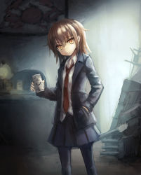 Rule 34 | 10s, 1girl, bad id, bad pixiv id, black pantyhose, black skirt, blazer, brown eyes, brown hair, can, canned coffee, collared shirt, departed, drink can, hand in pocket, head tilt, highres, jacket, kantai collection, looking at viewer, machinery, necktie, office, open clothes, open jacket, pantyhose, pleated skirt, school uniform, shirt, short hair, skirt, solo, wakaba (kancolle)