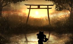 Rule 34 | 1girl, akyuun, backlighting, bare tree, commentary, fence, hand on headwear, hat, lake, light particles, long sleeves, moriya suwako, reflection, scenery, short hair, silhouette, sky, solo, sunlight, torii, touhou, tree, upper body, wide sleeves, wooden fence, yellow sky