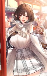 Rule 34 | 1girl, absurdres, breasts, brown eyes, brown hair, claw pose, coat, enpera, fang, fingernails, hands up, highres, large breasts, long hair, long sleeves, looking at viewer, mole, mole under eye, omamori, open clothes, open coat, open mouth, original, pleated skirt, pointy ears, scarf, shrine, sino42, skirt, smile, solo, sweater, torii, upper body, v-shaped eyebrows, white coat, white scarf, white skirt, white sweater