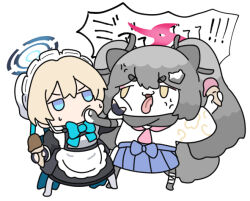 Rule 34 | 2girls, anger vein, animal ears, apron, black dress, black gloves, blonde hair, blue archive, blue bow, blue eyes, blue skirt, bow, brown eyes, chibi, commentary request, dress, fighting, fingerless gloves, food, gloves, grey hair, grey pantyhose, halo, hat, holding, holding food, ice cream, ice cream cone, jitome, juliet sleeves, long hair, long sleeves, maid, maid headdress, michiru (blue archive), mob cap, multiple girls, nyaru (nyaru 4126), pantyhose, pleated skirt, puffy sleeves, short eyebrows, simple background, skirt, sweat, tail, thick eyebrows, toki (blue archive), translation request, twintails, v-shaped eyebrows, very long hair, white apron, white background, wide sleeves