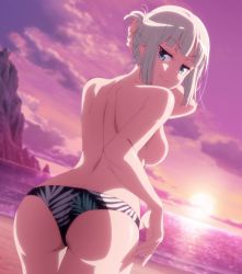 Rule 34 | 1girl, anime screenshot, ass, back, backboob, beach, bikini, bikini bottom only, blue eyes, breasts, come hither, dumbbell nan kilo moteru?, female focus, from behind, gina boyd, highres, looking at viewer, looking back, naughty face, ocean, screencap, short hair, smile, solo, stitched, swimsuit, third-party edit, topless, twilight, underwear, white hair