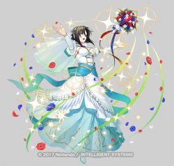 Rule 34 | 1girl, black hair, blue dress, bouquet, breasts, bridal veil, bride, cleavage, dress, fire emblem, fire emblem engage, fire emblem heroes, flower, freestyle18, full body, hair between eyes, hair ornament, jewelry, large breasts, long sleeves, looking at viewer, medium breasts, nel (fire emblem), nel (stoic bride) (fire emblem), nintendo, official alternate costume, red eyes, short hair, strapless, strapless dress, two-tone dress, veil, wedding dress, white dress