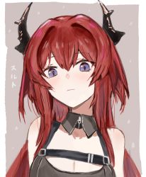 Rule 34 | arknights, bare shoulders, black dress, border, character name, chest strap, close-up, commentary request, demon girl, demon horns, detached collar, dress, grey background, highres, horn/wood, horns, long hair, looking at viewer, purple eyes, red hair, solo, surtr (arknights), translation request, white border