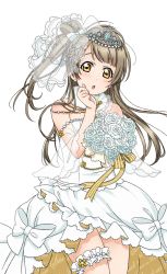 Rule 34 | 1girl, :o, artist request, bare shoulders, blush, bouquet, bow, bridal garter, bridal veil, bride, brown hair, copyright name, dress, earrings, flower, frills, hair bow, jewelry, long hair, love live!, love live! school idol festival, love live! school idol festival after school activity, love live! school idol project, minami kotori, official art, one side up, open mouth, rose, sleeveless, sleeveless dress, solo, strapless, strapless dress, thigh strap, tiara, transparent background, veil, wedding dress, white flower, white rose, yellow eyes