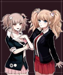 Rule 34 | 2girls, :o, black necktie, black shirt, blonde hair, blue eyes, bow, breasts, brown skirt, carnival (drmvcarnival), cosplay, cowboy shot, danganronpa: trigger happy havoc, danganronpa (series), danganronpa 2: goodbye despair, dress shirt, enoshima junko, enoshima junko (cosplay), galaga, hair ornament, hand up, hands up, highres, jacket, large breasts, miniskirt, multiple girls, nanami chiaki, nanami chiaki (cosplay), necktie, open clothes, open jacket, pink bow, pleated skirt, red background, red necktie, red skirt, shirt, shirt tucked in, skirt, smile, twintails, white necktie, white shirt