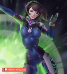 Rule 34 | animal print, armor, backlighting, black eyes, blue background, blue bodysuit, bodysuit, bracer, breasts, brown hair, covered navel, cowboy shot, d.va (overwatch), explosion, facepaint, facial mark, green background, headphones, high collar, highres, long hair, looking at viewer, medium breasts, nose, one eye closed, outstretched arm, overwatch, overwatch 1, parted lips, pauldrons, pilot suit, pink lips, rabbit print, ribbed bodysuit, shoulder armor, shoulder pads, skin tight, smile, swept bangs, watermark, web address, whisker markings, yeedee