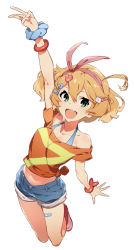 Rule 34 | 10s, 1girl, :d, arm up, blonde hair, blue shorts, bracelet, collarbone, freyja wion, green eyes, hair between eyes, hairband, highres, jewelry, long hair, looking at viewer, macross, macross delta, midriff, navel, off-shoulder shirt, off shoulder, open mouth, orange shirt, pink hairband, shiny skin, shirt, short shorts, short sleeves, shorts, simple background, smile, solo, standing, stomach, tatsuwo, tied shirt, v, white background, wrist cuffs