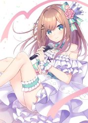 Rule 34 | 1girl, bare shoulders, blush, bridal garter, brown hair, closed mouth, dress, eyebrows hidden by hair, flower, frilled dress, frills, green eyes, hair ornament, holding, holding microphone, long hair, looking at viewer, microphone, nijisanji, rose, smile, solo, sumisaki yuzuna, suzuhara lulu, virtual youtuber, white background, white dress