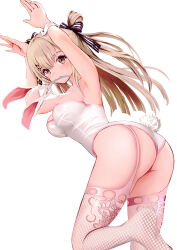 Rule 34 | 1girl, absurdres, animal ears, armpits, arms up, ass, blonde hair, breasts, closed mouth, fake animal ears, fishnets, gibun (sozoshu), hairband, highleg, highleg leotard, highres, leaning forward, leotard, long hair, looking at viewer, medium breasts, mouth hold, original, playboy bunny, simple background, solo, standing, standing on one leg, strapless, strapless leotard, thighhighs, thighs, twisted torso, unworn hairband, white background, white leotard, white thighhighs, yellow eyes