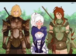 Rule 34 | 1boy, 2girls, :|, absurdres, aged up, alternate costume, alternate hair length, alternate hairstyle, armlet, armor, arms at sides, aroused, bags under eyes, beard, belt, belt pouch, black gloves, black shirt, blonde hair, blue dress, blue eyes, blush, braid, braided ponytail, breasts, buckler, circlet, cleavage, cleavage cutout, clenched hands, closed mouth, clothing cutout, cowboy shot, cowlick, crocea mors (rwby), cropped torso, crystal earrings, cuirass, dangle earrings, davidellisart, diadem, dress, drooling, earrings, elbow gloves, emblem, exhausted, facial hair, faulds, forehead protector, full armor, gauntlets, gloves, gorget, greaves, green eyes, hair between eyes, hair ornament, heart, heart-shaped pupils, highres, jaune arc, javelin (spear), jewelry, leather, long hair, looking at viewer, looking down, medium breasts, messy hair, milo and akouo, multicolored hair, multiple girls, official alternate hair length, official alternate hairstyle, pants, pauldrons, pocket, polearm, ponytail, pouch, pyrrha nikos, red hair, rerebrace, ribbon, rust, rwby, saliva, scabbard, scar, scar across eye, scar on face, sheath, sheathed, shield, shirt, shoulder armor, side-by-side, side ponytail, sidelocks, spear, standing, straight-on, straight hair, streaked hair, sweat, sword, symbol-shaped pupils, tiara, time paradox, tree, v arms, vambraces, weapon, weapon on back, weiss schnee, white hair