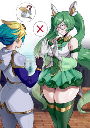 Rule 34 | 1boy, 1girl, ?, aqua hair, armor, b.sa (bbbs), bare shoulders, bbbs, black gloves, blonde hair, blurry, blurry background, blush, breasts, brick, brick floor, closed eyes, closed mouth, coffee, cup, elbow gloves, ezreal, fingerless gloves, fingernails, flying sweatdrops, gem, glasses, gloves, goggles, goggles on head, green gemstone, green hair, green panties, green skirt, green thighhighs, grey-framed eyewear, highres, large breasts, league of legends, long hair, multicolored hair, outdoors, panties, pauldrons, pink lips, plate, pointing, rejection, round eyewear, see-through, shiny skin, shoulder armor, skindentation, skirt, smile, sona (league of legends), spoken x, spoon, standing, star guardian (league of legends), star guardian ezreal, star guardian sona, sweat, sweatdrop, thick thighs, thighhighs, thighs, twintails, underwear, very long hair, white gloves