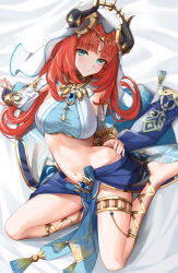 Rule 34 | 1girl, absurdres, aqua eyes, arm support, blue gemstone, blue skirt, blunt bangs, blush, bracer, breasts, circlet, closed mouth, fake horns, gem, genshin impact, gold footwear, gold trim, hand on own hip, harem outfit, highres, horns, jewelry, long hair, long sleeves, medium breasts, midriff, navel, neck ring, nilou (genshin impact), no shoes, on bed, parted bangs, puffy long sleeves, puffy sleeves, red hair, sidelocks, sitting, skirt, smile, solo, stomach, thighlet, veil, white-paka, white veil, yokozuwari