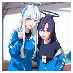 Rule 34 | 2girls, absurdres, black shirt, blue archive, blue jacket, blunt bangs, blurry, blurry background, border, breasts, chair, grey hair, halo, hand in pocket, headgear, highres, id card, jacket, long hair, looking at viewer, multiple girls, noa (blue archive), off shoulder, open mouth, ponytail, purple eyes, shirt, star sticker, sticker on face, track jacket, v, white border, yoroshinbo, yuuka (blue archive), yuuka (track) (blue archive)