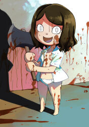 Rule 34 | 1girl, :d, animal crossing, axe, bare legs, barefoot, blood, blood in hair, blood on breasts, blood on clothes, blood on hands, blood on leg, blood writing, brown hair, collarbone, crazy, crazy eyes, crazy smile, eyelashes, full body, highres, holding, holding axe, legs apart, looking at viewer, muramasa mikado, navel, nintendo, no pupils, open clothes, open mouth, open shirt, panties, paw print, shadow, shirt, short hair, short sleeves, smile, solo, standing, swept bangs, translation request, underwear, villager (animal crossing), white eyes, white panties, white shirt