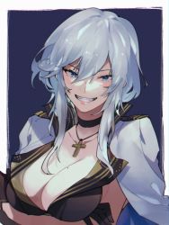 Rule 34 | 1girl, arms under breasts, azur lane, black gloves, blue eyes, blush, breasts, choker, cleavage, coat, coat on shoulders, cross, crossed arms, female focus, gloves, grin, jacket, jacket on shoulders, jewelry, komo378, long bangs, looking at viewer, medium breasts, messy hair, mole, mole on breast, necklace, open clothes, short hair, sideboob, simple background, smile, solo, teeth, upper body, washington (azur lane), white hair