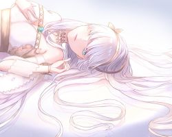 Rule 34 | 1girl, anastasia (fate), aqua eyes, bad id, bad pixiv id, blue eyes, breasts, cleavage, fate/grand order, fate (series), hair over one eye, hairband, hand on own chest, jewelry, large breasts, long hair, looking at viewer, lying, medium breasts, necklace, on side, royal robe, seki (sekixview), silver hair, simple background, solo, white background, yellow hairband