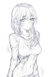 Rule 34 | 1girl, blush, breasts, collarbone, commentary request, girls band cry, greyscale, highres, kawaragi momoka, long hair, long sleeves, looking at viewer, medium breasts, monochrome, multicolored hair, open mouth, parted lips, ribbed sweater, roots (hair), sidelocks, simple background, sirb2323, solo, sweater, upper body, white background