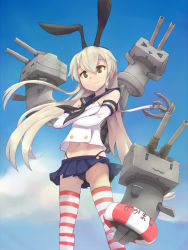 Rule 34 | 10s, 1girl, anchor, anchor hair ornament, black panties, cloud, cloudy sky, crossed arms, day, elbow gloves, gloves, green eyes, hair ornament, highres, kantai collection, lifebuoy, looking at viewer, nanjin, navel, panties, pantyshot, personification, rensouhou-chan, shimakaze (kancolle), skirt, sky, smile, solo, striped clothes, striped thighhighs, swim ring, thighhighs, underwear, upskirt