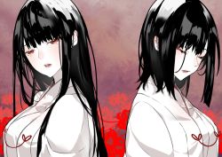 Rule 34 | 2girls, bad id, bad pixiv id, black hair, blush, breasts, closed eyes, eyelashes, flower, fusou (kancolle), japanese clothes, kantai collection, large breasts, lips, long hair, multiple girls, neko (ganecooo), pale skin, parted lips, red eyes, red flower, short hair, spider lily, upper body, yamashiro (kancolle)