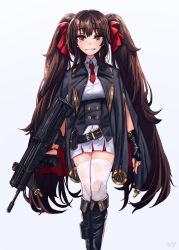 Rule 34 | 1girl, arms at sides, artist name, assault rifle, asymmetrical gloves, blush, boots, breasts, brown eyes, brown hair, bullpup, buttons, collared shirt, double-breasted, finger discipline, fingerless gloves, girls&#039; frontline, gloves, gun, hair between eyes, hair ribbon, half gloves, highres, holding, holding gun, holding weapon, jacket, knee boots, long hair, looking at viewer, magazine (weapon), necktie, open clothes, open jacket, parted lips, qbz-97, red ribbon, ribbon, rifle, scope, shirt, simple background, skirt, smile, solo, standing, star (symbol), thighhighs, thighhighs under boots, twintails, type 97 (girls&#039; frontline), uneven gloves, very long hair, weapon, white skirt, white thighhighs, yp7 (vvy)