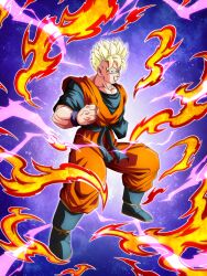 Rule 34 | absurdres, angry, blonde hair, dokkan battle, dragon ball, fighting stance, green eyes, highres, lightning, looking at viewer, muscular, muscular male, official art, scar, scar across eye, serious, son gohan (future), spiked hair, super saiyan, tagme