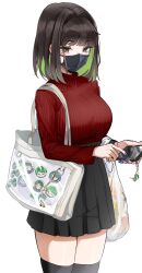 Rule 34 | 1girl, bag, black hair, black skirt, black thighhighs, blue nails, breasts, brown eyes, colored inner hair, fingernails, fire emblem, green hair, grocery bag, highres, holding, holding phone, large breasts, long sleeves, looking at viewer, lyn (fire emblem), mask, miru (ormille), mole, mole on thigh, mole under eye, multicolored hair, nintendo, original, ormille, phone, red sweater, ribbed sweater, shopping bag, short hair, shoulder bag, skirt, smile, solo, sweater, thighhighs, turtleneck, two-tone hair