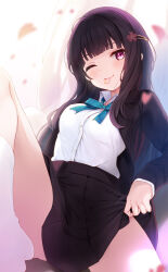 Rule 34 | 1girl, black hair, black jacket, black skirt, blue ribbon, closed mouth, collared shirt, commentary request, highres, honkai: star rail, honkai (series), jacket, komone ushio, leg up, long hair, looking at viewer, mouth hold, neck ribbon, no eyewear, one eye closed, open clothes, open jacket, pink eyes, pleated skirt, ribbon, shirt, skirt, socks, solo, sparkle (honkai: star rail), white shirt, white socks