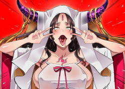 Rule 34 | 1girl, :d, ahegao, black hair, breasts, butcha-u, double v, drooling, emotional engine - full drive, fate/extra, fate/extra ccc, fate/grand order, fate (series), forehead, horns, large breasts, long hair, nail polish, open mouth, parody, pink nails, sessyoin kiara, sideboob, smile, solo, tongue, tongue out, v
