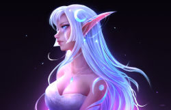 Rule 34 | 1girl, alisa nilsen, blue eyes, breasts, cleavage, commentary, crescent, crescent hair ornament, elf, english commentary, fang, fang out, from side, hair ornament, highres, jewelry, large breasts, long hair, long pointy ears, necklace, night elf (warcraft), night elf (warcraft), parted lips, pendant, pink lips, pointy ears, purple background, purple hair, signature, smile, solo, upper body, warcraft, world of warcraft