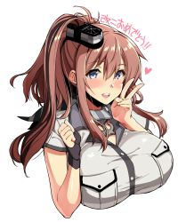 Rule 34 | 10s, 1girl, :d, black gloves, blue eyes, blush, breasts, brown hair, fingerless gloves, gloves, hair between eyes, hat, heart, highres, kantai collection, kekocha, large breasts, long hair, long sleeves, looking at viewer, mini hat, open mouth, saratoga (kancolle), saratoga mk ii (kancolle), side ponytail, sidelocks, single glove, smile, solo, translated, transparent background, upper body, v