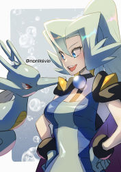 Rule 34 | 1girl, :d, black cape, black choker, blue background, blue bodysuit, blue eyes, blue gloves, blue hair, bodysuit, breasts, bubble, bubble background, cape, choker, clair (pokemon), creatures (company), eye contact, eyelashes, fins, fish, from side, game freak, gem, gen 2 pokemon, gloves, gym leader, hair between eyes, hands on own hips, high ponytail, highres, jewelry, kingdra, long hair, looking at another, medium breasts, momoji (lobolobo2010), nintendo, open mouth, parted bangs, pearl (gemstone), pokemon, pokemon (creature), pokemon hgss, purple cape, red eyes, seahorse, smile, teeth, twitter username, upper body, upper teeth only, white background