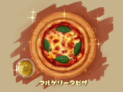 Rule 34 | basil leaf, cheese, food, food focus, highres, kaneko ryou, margherita pizza, no humans, original, pizza, sauce, sparkle, still life