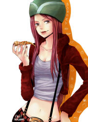 Rule 34 | 1girl, anti-eyebrow piercing, artist name, character name, closed mouth, commentary, english commentary, food, fruit-fragrance, green hat, hat, holding, holding food, holding pizza, jewelry bonney, lips, lipstick, long hair, long sleeves, makeup, nail polish, navel, one piece, pink hair, pizza, smile, solo