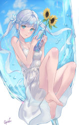 Rule 34 | 1girl, bare legs, bare shoulders, barefoot, blue eyes, blush, bottle, breasts, cleavage, closed mouth, cup, dress, drinking glass, earrings, enporion, flower, glass, hair flower, hair ornament, highres, holding, holding bottle, jewelry, knees up, long hair, looking at viewer, medium breasts, original, signature, sleeveless, sleeveless dress, smile, solo, sunflower, twintails, water, wet, white background, white dress, white hair