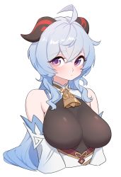 Rule 34 | 1girl, ahoge, blue hair, blush, bodystocking, breasts, closed mouth, ganyu (genshin impact), genshin impact, highres, horns, large breasts, long hair, looking at viewer, purple eyes, simple background, solo, upper body, white background, yabby
