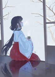 Rule 34 | 1girl, absurdres, aosugar, black hair, cup, flower, highres, holding, holding cup, inuyasha, japanese clothes, kikyou (inuyasha), long hair, looking afar, miko, purple flower, snow, snowing, solo, steam, winter, yunomi