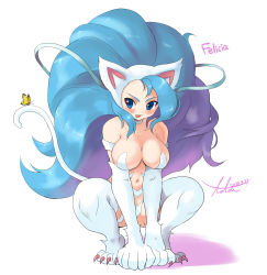 Rule 34 | 1girl, all fours, animal ears, big hair, blue eyes, blue hair, breasts, bug, butterfly, capcom, cat ears, cat tail, felicia (vampire), full body, fur, highres, bug, long hair, matching hair/eyes, simple background, slit pupils, solo, tail, thighhighs, tongue, tongue out, vampire (game)