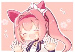 Rule 34 | 1girl, :d, ^ ^, animal ears, blush, bow, brown background, chibi, closed eyes, commentary request, ear bow, facing viewer, floral background, hair intakes, hands up, haru urara (umamusume), headband, horse ears, jacket, long hair, notice lines, open mouth, outline, pink hair, ponytail, red headband, smile, solo, twitter username, umamusume, white bow, white jacket, white outline, wishbone