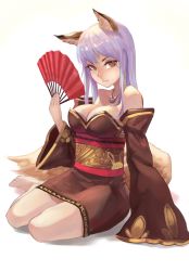 Rule 34 | 1girl, animal ears, arm at side, arm support, bare shoulders, barefoot, breasts, cleavage, closed mouth, collarbone, detached sleeves, dress, folding fan, fox ears, fox girl, fox tail, full body, hand fan, hand up, highres, holding, holding fan, japanese clothes, kimono, lard (kumazakiyuta), light purple hair, long hair, long sleeves, looking at viewer, medium breasts, mole, mole on breast, mole under eye, necktie, obi, original, red eyes, sash, short kimono, sitting, sleeves past wrists, slit pupils, solo, strapless, strapless dress, tail, wide sleeves, yokozuwari