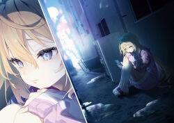 Rule 34 | 1girl, alley, bare legs, blonde hair, blue eyes, character request, closed mouth, cowlick, eyelashes, hair between eyes, holding, holding phone, jacket, long hair, mata korosarete shimatta nodesune tantei-sama, novel illustration, official art, phone, puddle, purple jacket, riichu, sandals, second-party source, shadow, sleeves past wrists, solo, tearing up, toes