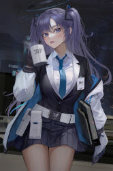 Rule 34 | 1girl, absurdres, ammunition pouch, belt, belt pouch, black coat, black halo, black skirt, blazer, blue archive, blue eyes, blue necktie, blush, book, coat, collared shirt, commentary, cowboy shot, cup, hair intakes, halo, highres, holding, holding book, holding cup, id card, jacket, lapels, long hair, looking at viewer, mechanical halo, miniskirt, mug, necktie, night, night sky, off shoulder, open clothes, open jacket, parted bangs, parted lips, pouch, shirt, skirt, sky, solo, star (sky), starry sky, steam, sunj000, thighs, triangle hair ornament, two side up, white belt, white jacket, white shirt, yuuka (blue archive)